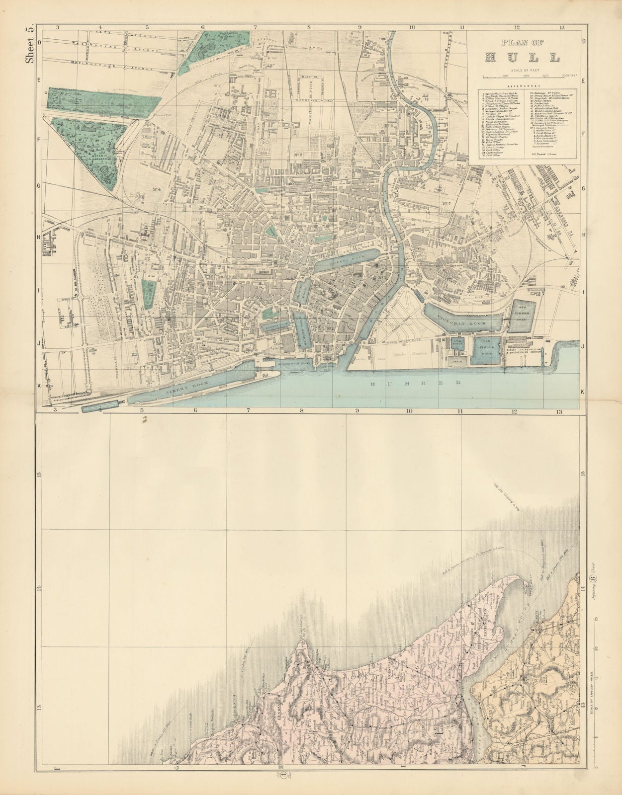 Yorkshire Coast & Humberside. Hull antique city plan. BACON 1883 old map